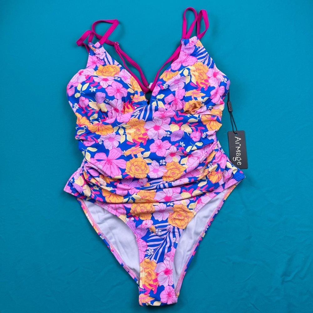 AI’MAGE Floral One Piece Swimsuit Tummy Control Cutout Halter Size S NWT